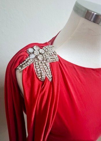 Kırmızı Drapeli Uzun Kollu Abiye Elbise - Görsel 2