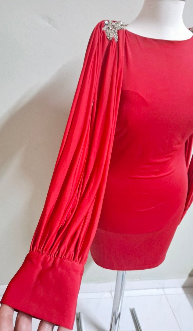 Kırmızı Drapeli Uzun Kollu Abiye Elbise - Görsel 3