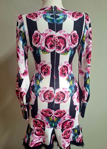 Pembe Renkli Çiçek Desenli Uzun Kollu Kalem Elbise - Görsel 3