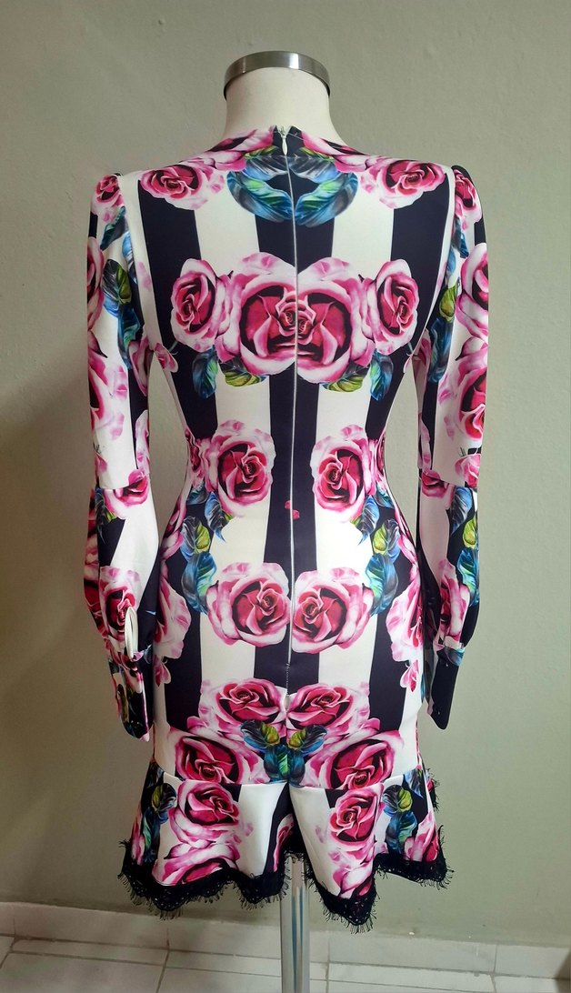 Pembe Renkli Çiçek Desenli Uzun Kollu Kalem Elbise - Görsel 3