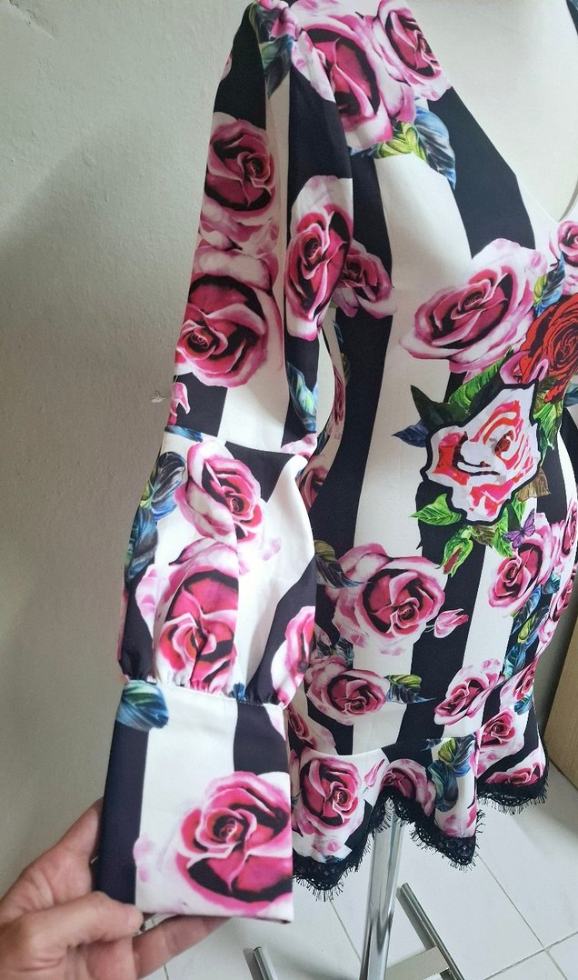 Pembe Renkli Çiçek Desenli Uzun Kollu Kalem Elbise - Görsel 2