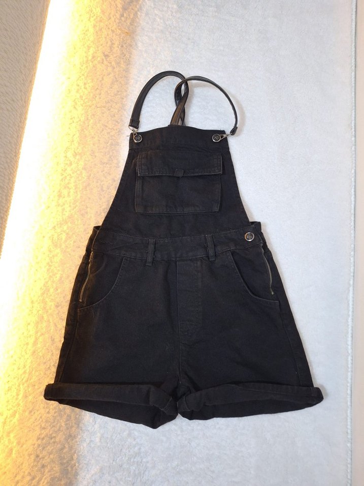 Siyah Kadın Kot Mini Salopet - Görsel 2