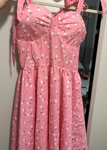 Pembe Straplez Desenli Günlük Elbise