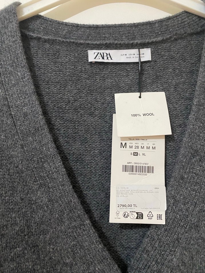 Zara Gri Düğmeli Kadın %100 Yün Hırka - Görsel 2