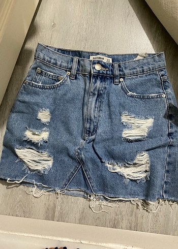 Pull and bear kadın Mavi Yırtık Denim Mini Etek