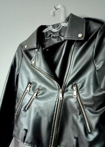 Kadın Siyah Mini Deri Biker Ceket - Görsel 2