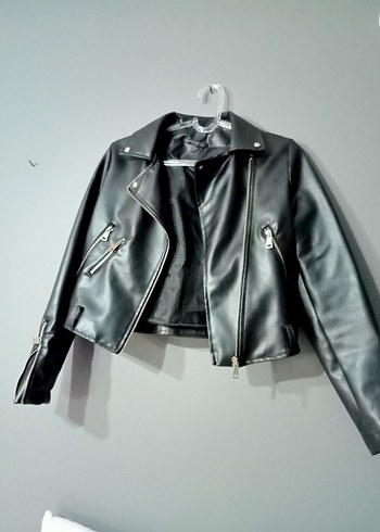 Kadın Siyah Mini Deri Biker Ceket - Görsel 4