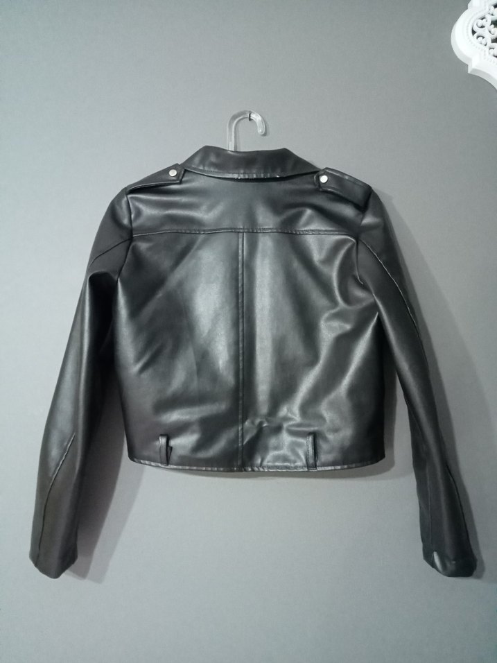 Kadın Siyah Mini Deri Biker Ceket - Görsel 3