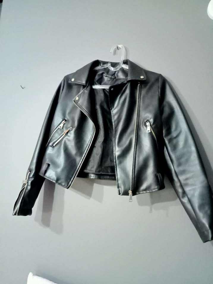 Kadın Siyah Mini Deri Biker Ceket - Görsel 4