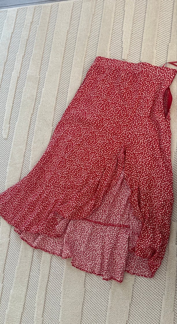 Kırmızı Volanlı Bohem Midi Etek - Görsel 3