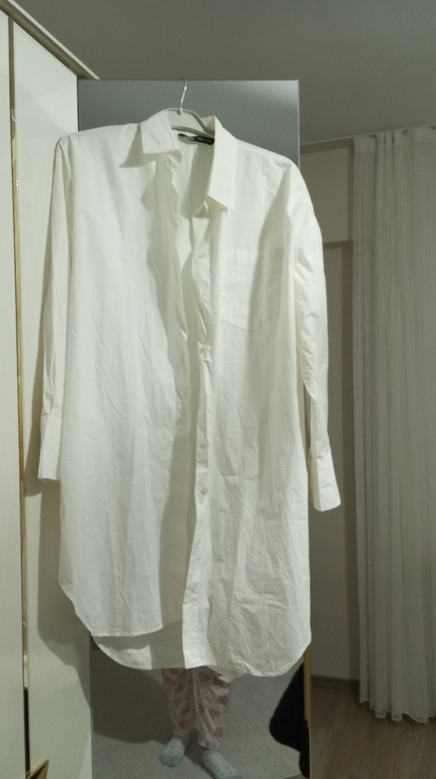 Zara Beyaz Midi Pamuklu Kadın Gömlek - Görsel 4