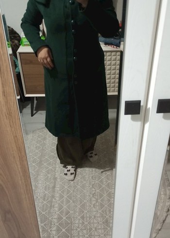 Düğmeli Uzun Yeşil Kadın Kaban - Görsel 2