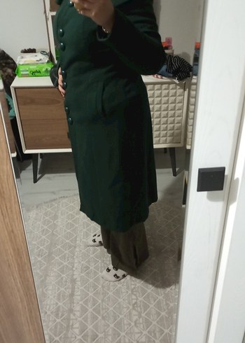 Düğmeli Uzun Yeşil Kadın Kaban - Görsel 4