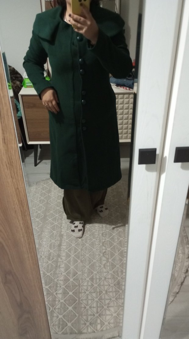 Düğmeli Uzun Yeşil Kadın Kaban - Görsel 2