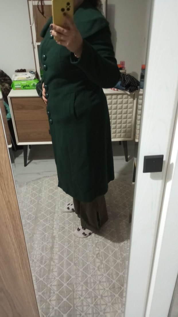 Düğmeli Uzun Yeşil Kadın Kaban - Görsel 4