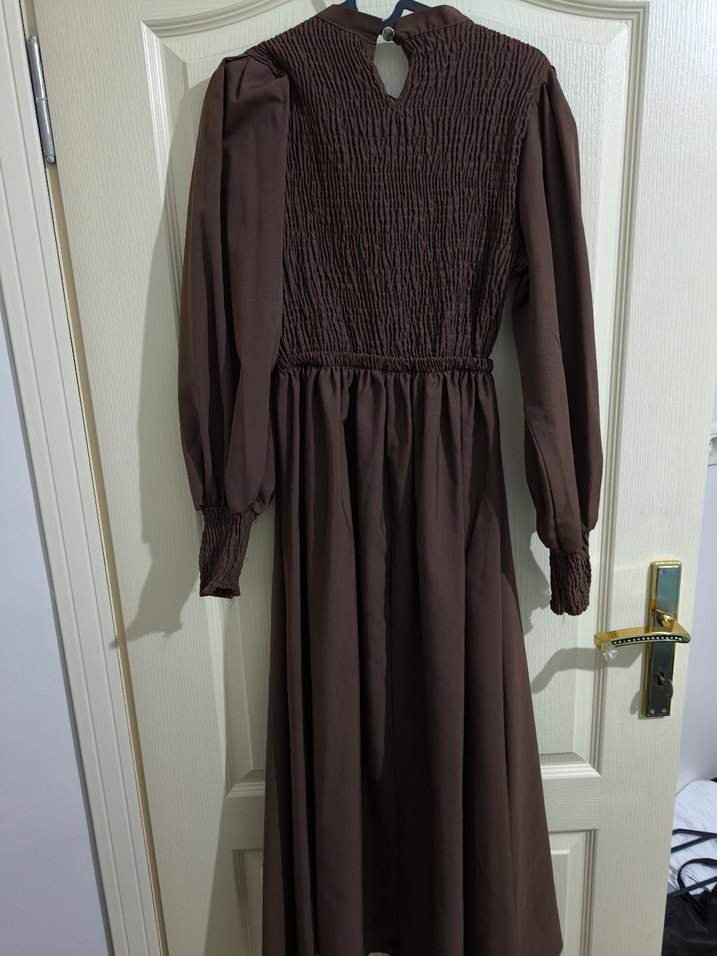 Düğmeli acı Kahve Uzun Elbise - Görsel 2