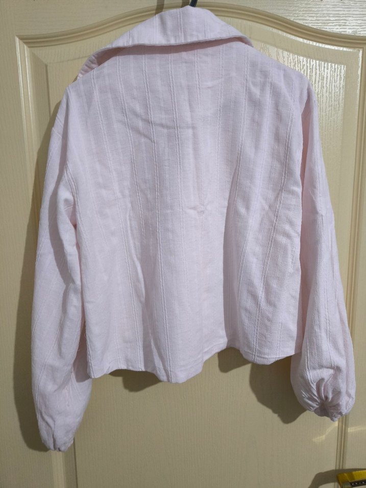 Pembe Uzun Kollu Keten Gömlek ceket - Görsel 2