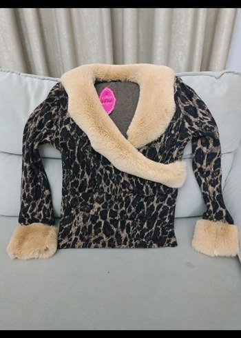 Kahverengi Leopar Desenli Suni Kürk Detaylı Bluz - Görsel 2