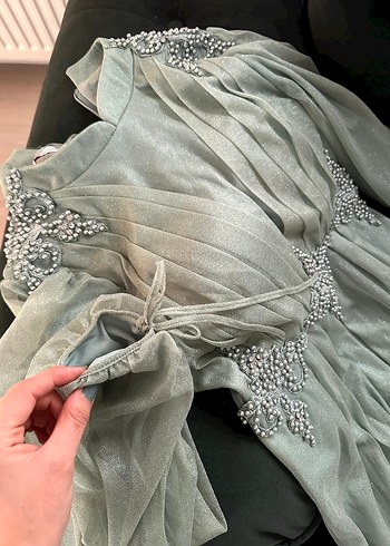 Yeşil simli Uzun Kollu Uzun Abiye Elbise - Görsel 7