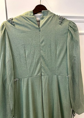 Yeşil simli Uzun Kollu Uzun Abiye Elbise - Görsel 10