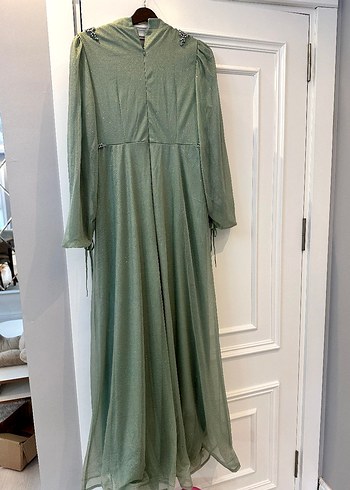 Yeşil simli Uzun Kollu Uzun Abiye Elbise - Görsel 9