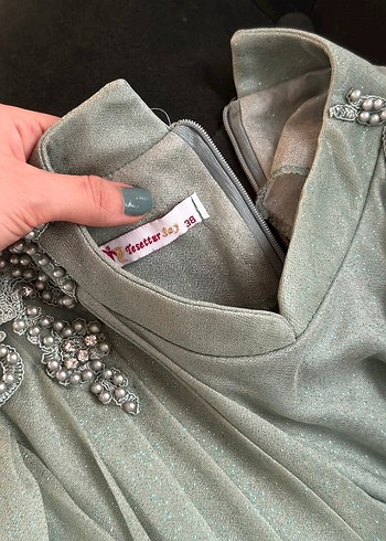 Yeşil simli Uzun Kollu Uzun Abiye Elbise - Görsel 4