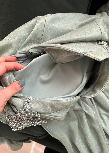 Yeşil simli Uzun Kollu Uzun Abiye Elbise - Görsel 11