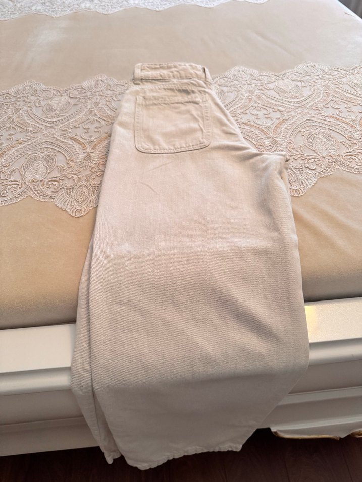 Bej Düğmeli Keten Kadın Pantolon - Görsel 5