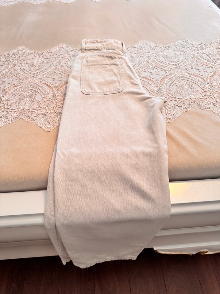 Bej Düğmeli Keten Kadın Pantolon - Görsel 4