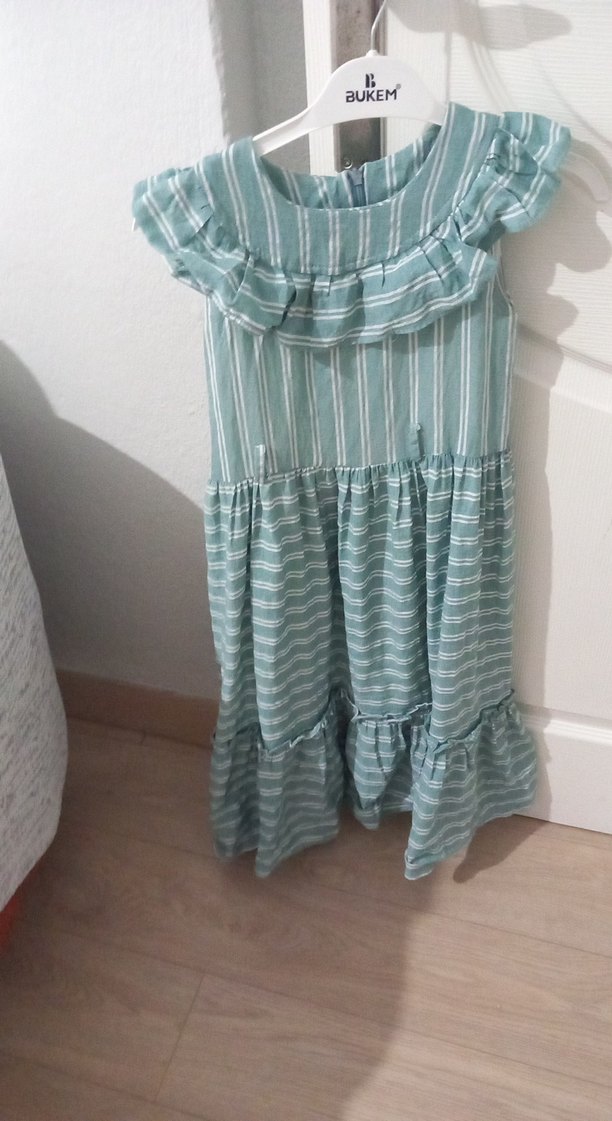 Turkuaz Çizgili Fırfırlı Kolsuz Kız Elbisesi - Görsel 2