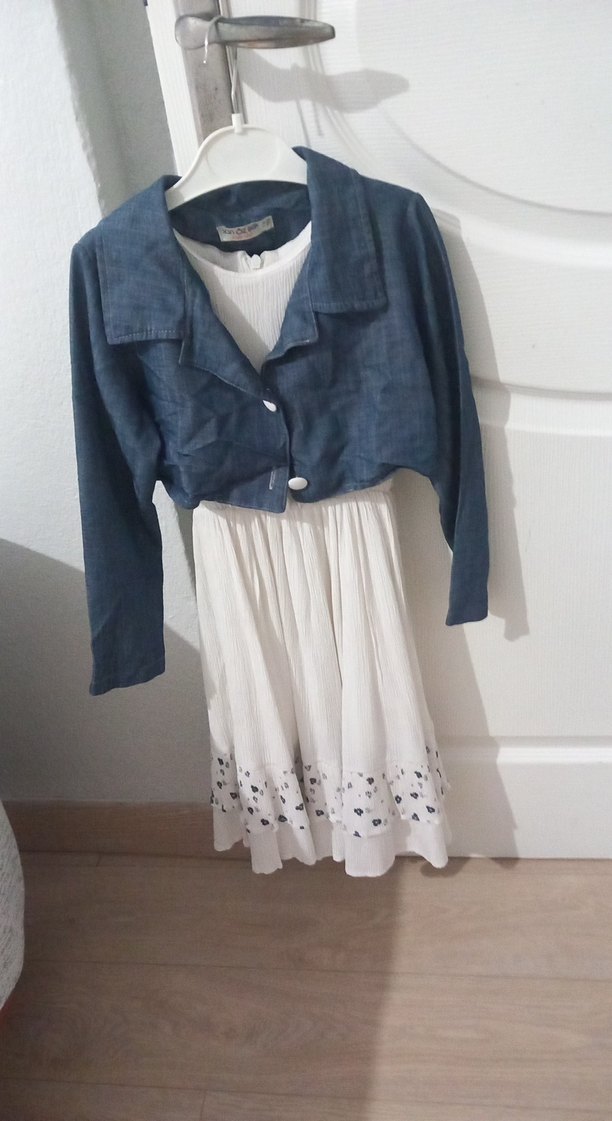 Kız Çocuk Beyaz Keten V Yakalı Elbise - Görsel 3