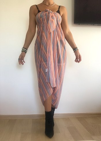 Uzun Boylu Bohem Çizgili Kadın Pareo - Görsel 5