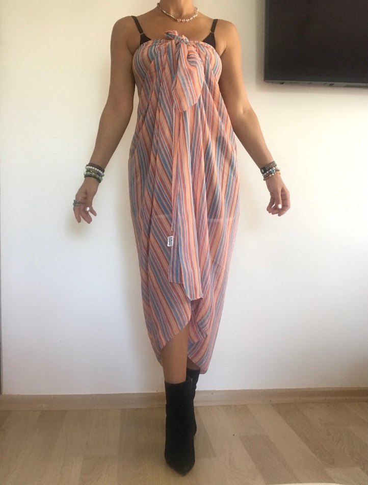 Uzun Boylu Bohem Çizgili Kadın Pareo - Görsel 5