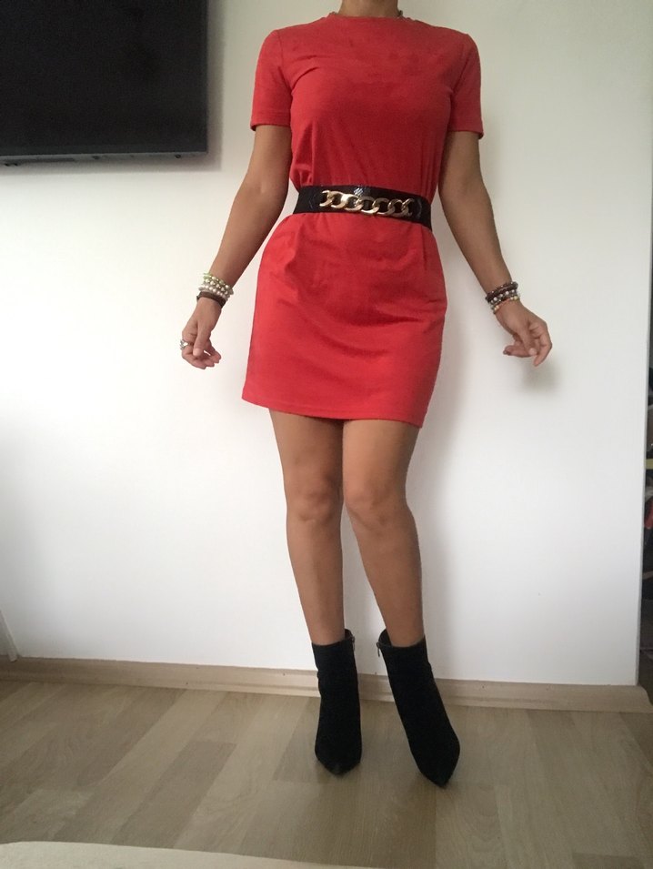 Kırmızı Süet Elbise - Görsel 5