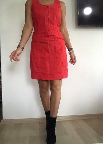 Kırmızı keten elbise - Görsel 3