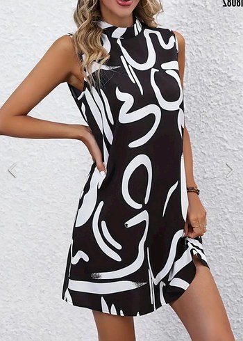 Siyah Beyaz Kolsuz Ofis Model Elbise - Görsel 5