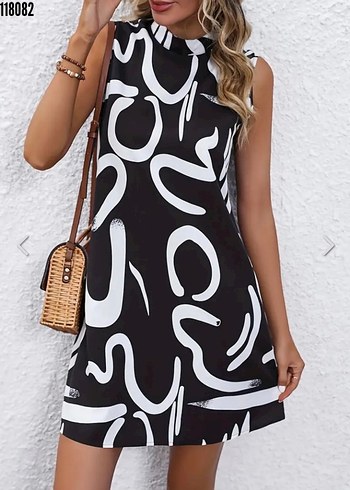 Siyah Beyaz Kolsuz Ofis Model Elbise - Görsel 2