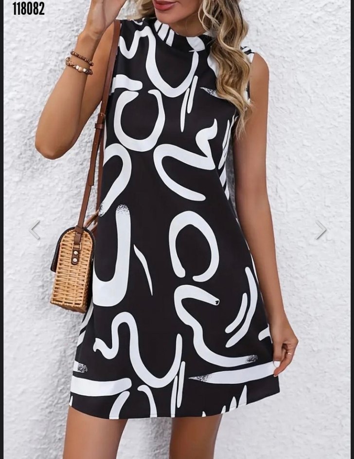 Siyah Beyaz Kolsuz Ofis Model Elbise - Görsel 2