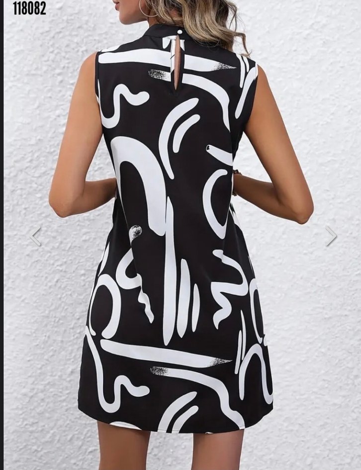 Siyah Beyaz Kolsuz Ofis Model Elbise - Görsel 3