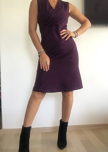 Diğer Mor V Yakalı Kadın Kalem Elbise