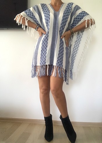 Mavi Çizgili Bohem Kadın Plaj Giyim - Görsel 2