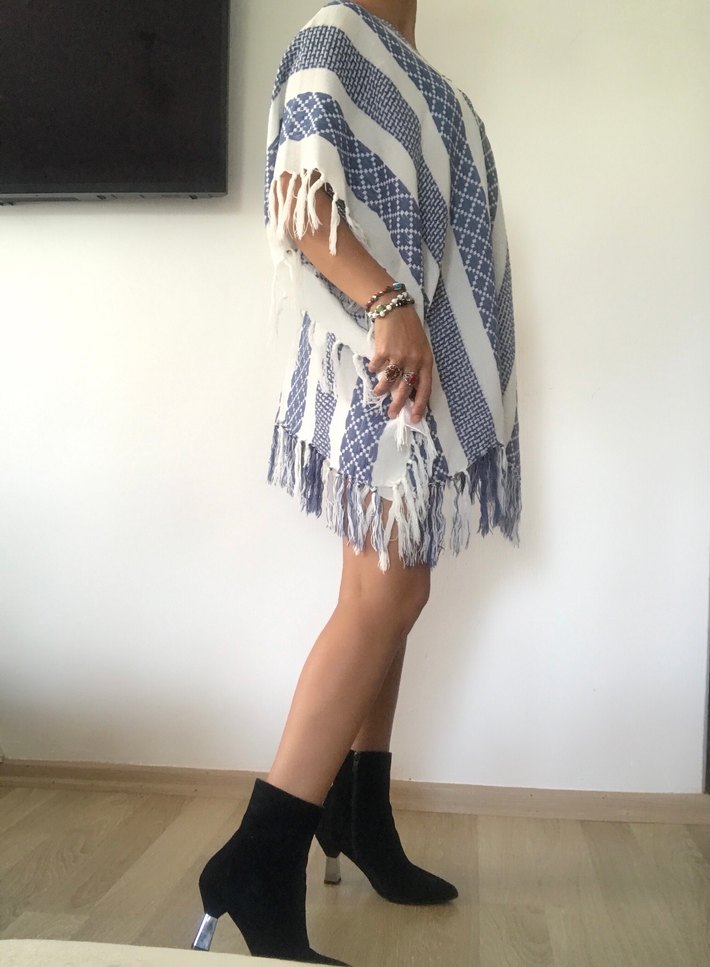 Mavi Çizgili Bohem Kadın Plaj Giyim - Görsel 3