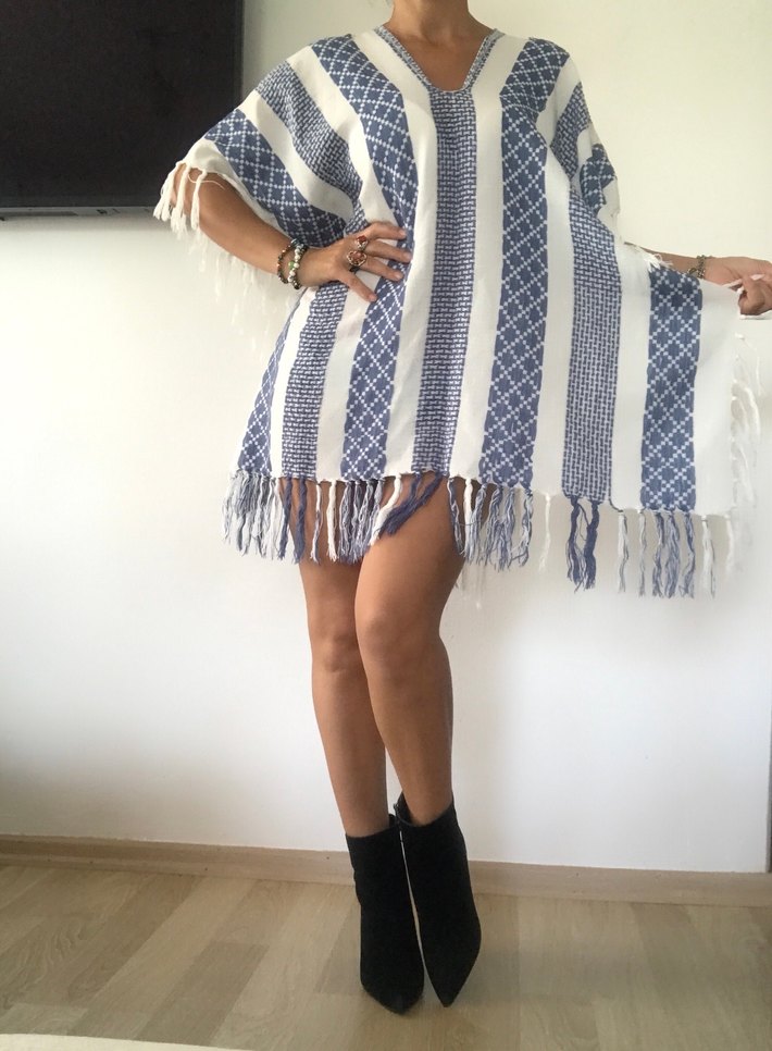 Mavi Çizgili Bohem Kadın Plaj Giyim - Görsel 4