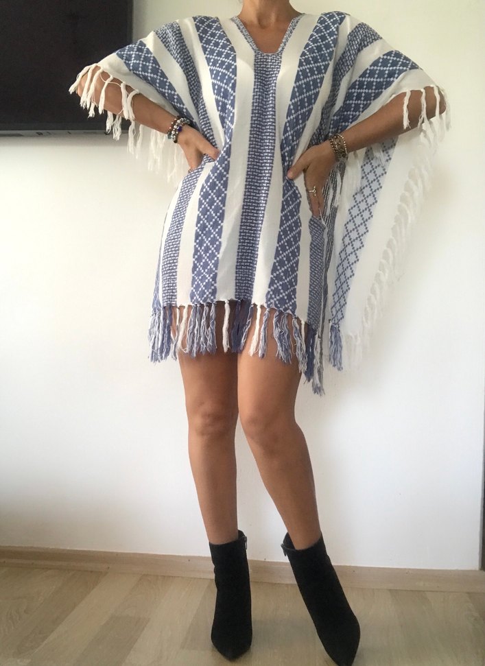 Mavi Çizgili Bohem Kadın Plaj Giyim - Görsel 2