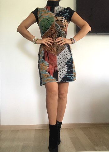 Desenli Bohem Yüksek Yaka Elbise - Görsel 3