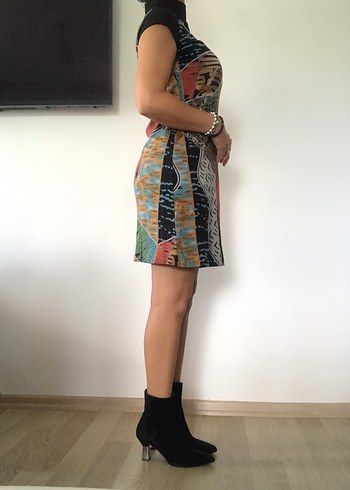 Desenli Bohem Yüksek Yaka Elbise - Görsel 5