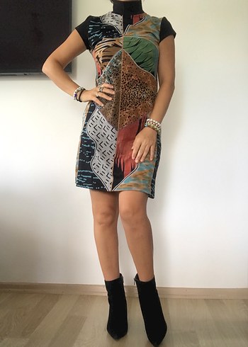 Desenli Bohem Yüksek Yaka Elbise - Görsel 2