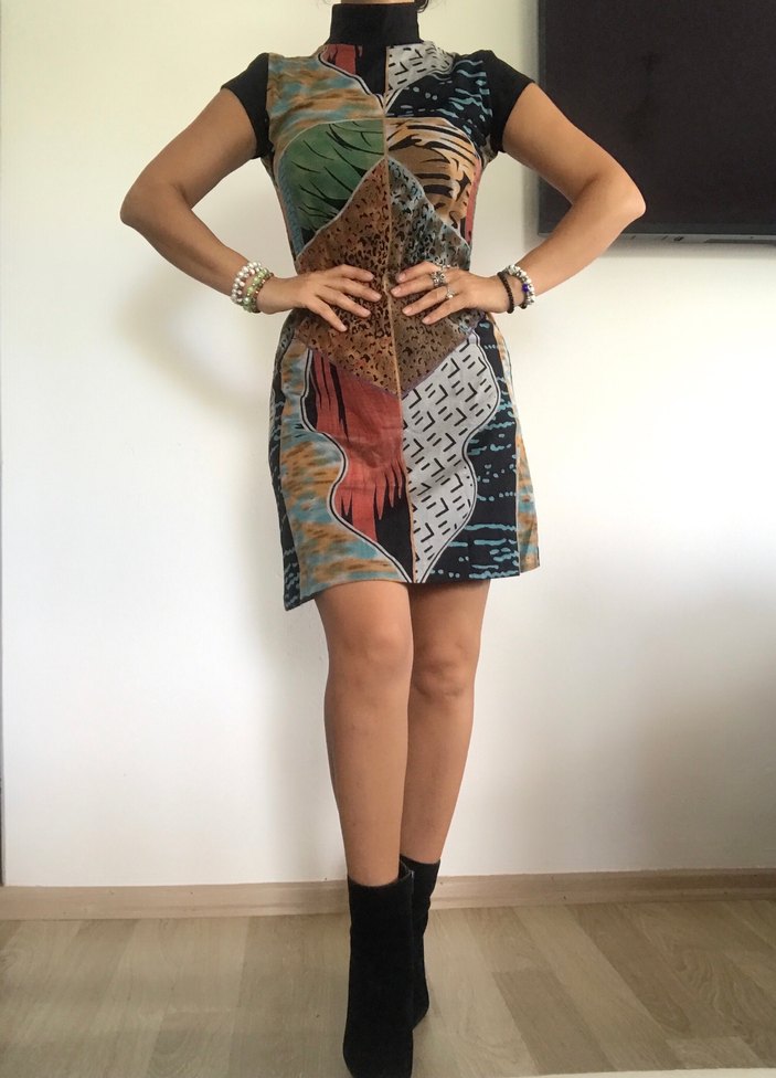 Desenli Bohem Yüksek Yaka Elbise - Görsel 3