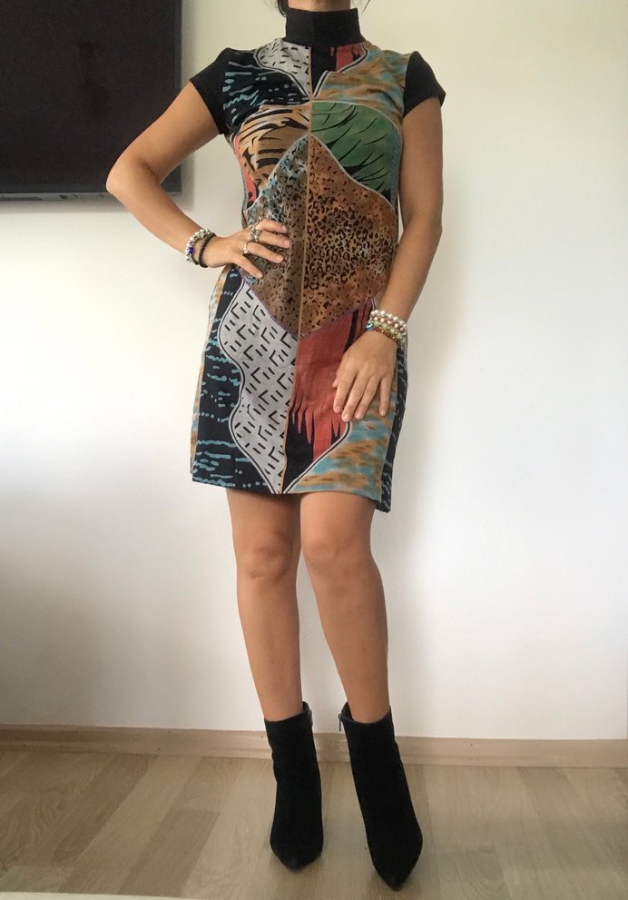 Desenli Bohem Yüksek Yaka Elbise - Görsel 2