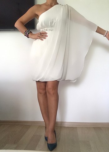 Beyaz Mini Tek Omuzlu Abiye - Görsel 4